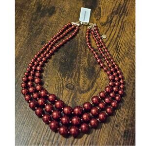 Charter Club Red Imitation Pearl Three-Row Collar Necklace ~ Statement Office